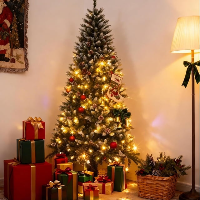 Bingirl 7.5FT Snow Flocked Pre-Lit Artificial Christmas Tree with Pinecones - Hinged Structure, Foldable Metal Stand, Easy Setup for Holiday Decor
