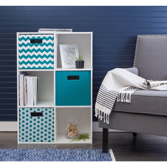 DII 11" Square Modern Polyester Cube Chevron Storage Bin in Teal Blue