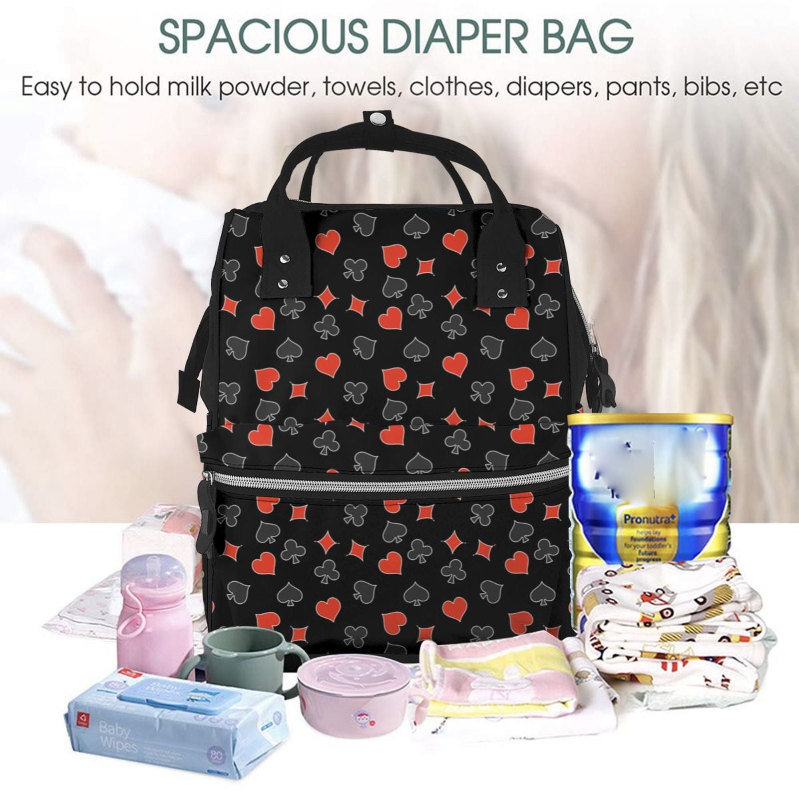 Ratiio Poker Creative Symbols Mummy Backpack - Waterproof Twill Canvas, Large Capacity Diaper Bag with Multiple Pockets and Adjustable Straps