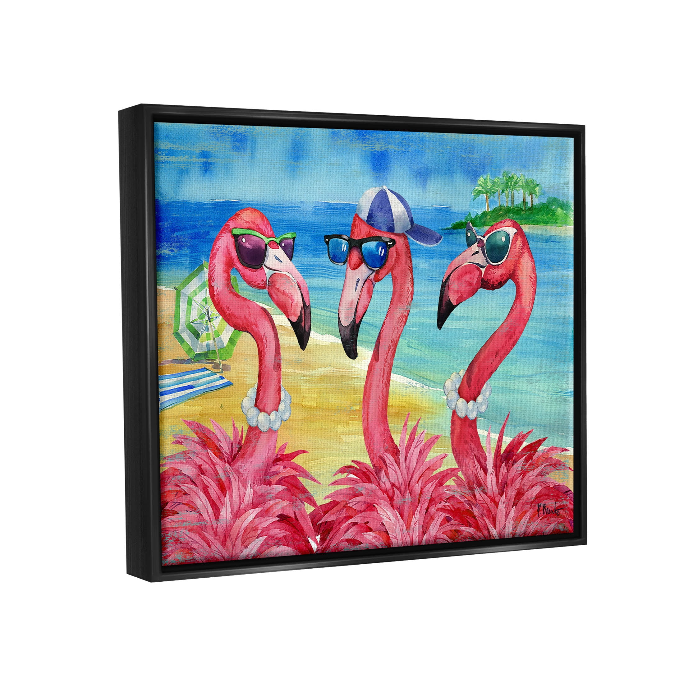 Stupell Industries Flamingo Friends Tropical Island Coast Graphic Art Jet Black Floating Framed Canvas Print Wall Art, Design by Paul Brent