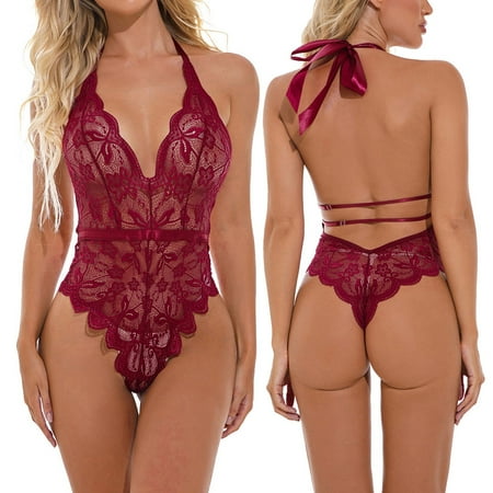 

Women Sexy Lace One-Piece Lingerie Babydoll Deep V Teddy Bodysuit Please buy one or two sizes up