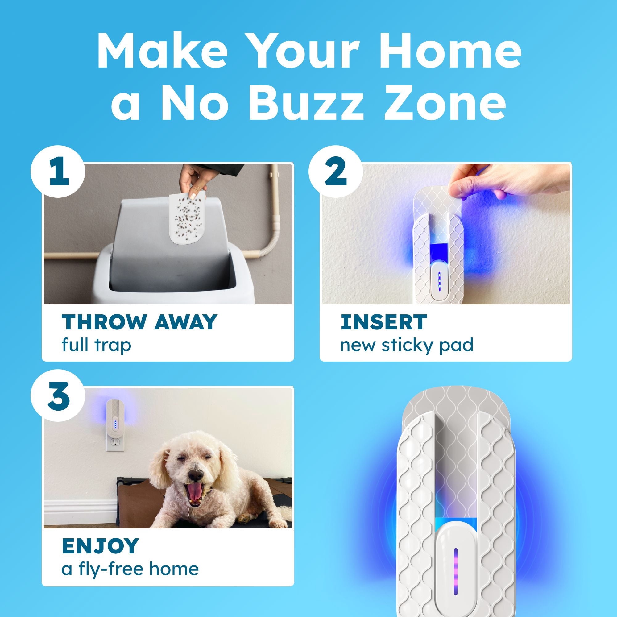 BugMD No Buzz Zone - Flying Insect Trap Catcher Indoor Fly Safer Home Fruit Traps for Gnat Moth Mosquito Bug Light Plug in Killer Refillable Uv Zapper Flea Inside and Indoors 1 Device + 6 Refill