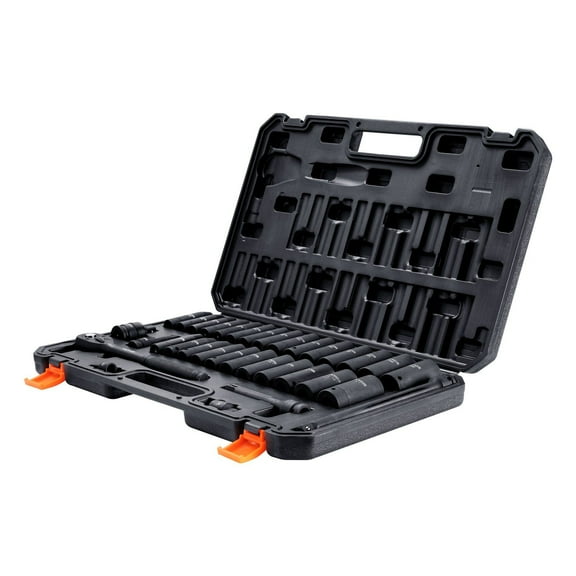 1/2" Drive 33-Piece Impact Socket Set, SAE 3/8"-1" & Metric 10-24mm, Cr-V Steel, 6-Point Design for Auto Repair, Durable Storage Case
