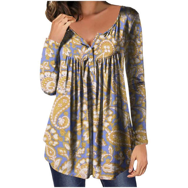Qiopertar Liquidation Livraison Gratuite T-shirt Décontracté Col en V pour Femmes Imprimé Rétro Manches Longues Pull Récréatif Manches Longues Deals of the Week à Moins de 5$