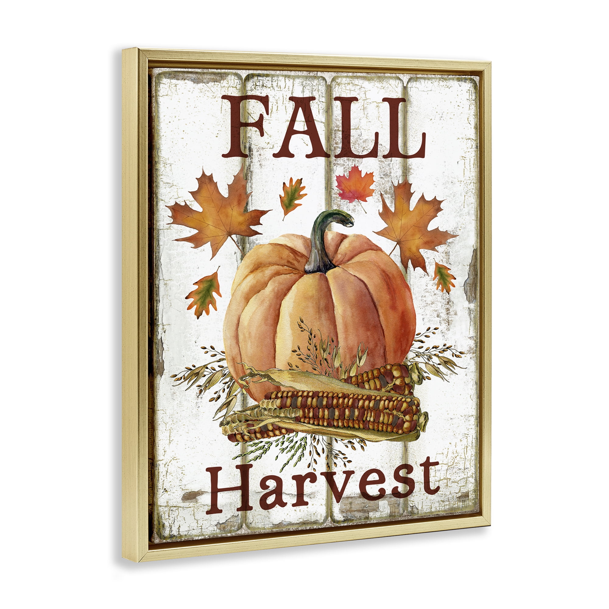 Stupell Industries Fall Harvest Pumpkin & Corn Holiday Painting Gold Floater Framed Canvas Art Prints Wall Art, 25 x 31