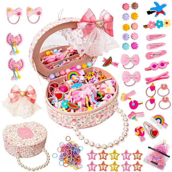 Girls Jewelry Set with Hair Accessories: Clips, Barrettes, Ties, Bows, and Round Jewelry Box - Christmas Gift for Ages 4-10