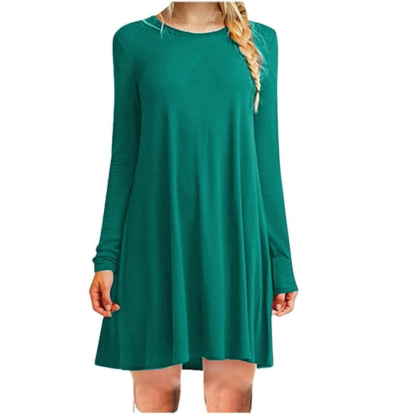 QUYUON Fall Dresses for Women 2023 Wedding Guest Clearance Casual Long Sleeve Solid Round Neck Ladies Loose Mini Dress Long Dresses Women Midi Bodycon Dress Style D-2056 Green L