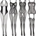 thumbnail image 1 of 4 Sets Sultry Fishnet Bodystockings, Hollow Out Sleeveless Open Crotch Jacquard Bodystocking, Women's Lingerie & Underwear, 1 of 5