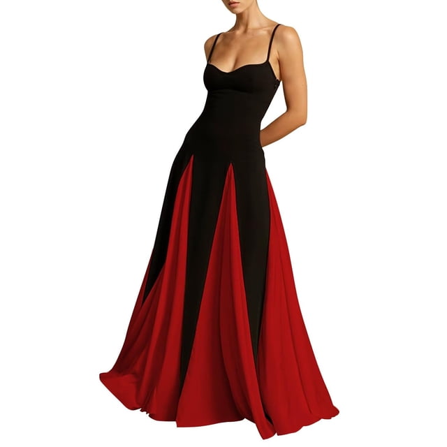 Vestido de fiesta EEMEII con tirantes finos, retazos, negro y rojo, largo