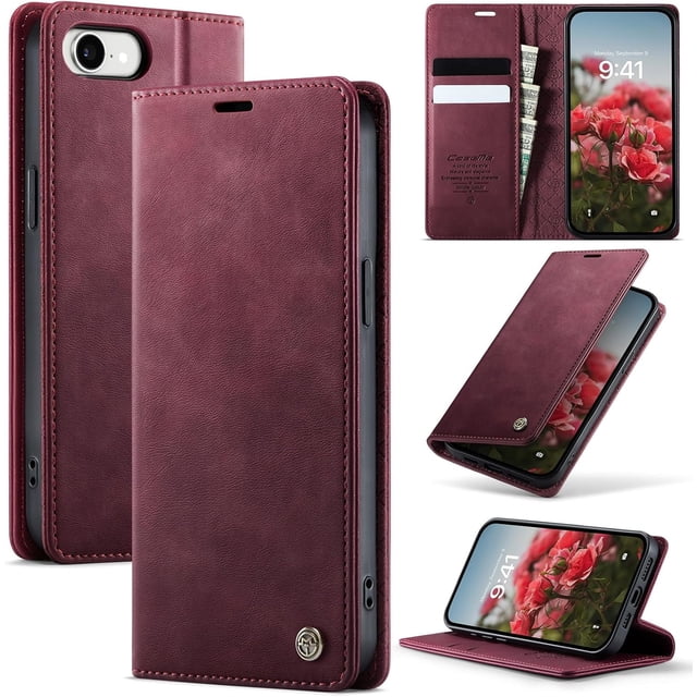 Funda tipo cartera para iPhone 16e/iPhone SE 4/iPhone SE 2025, de piel, con tarjetero, soporte, cierre magnético y protección RFID de TPU a prueba de golpes