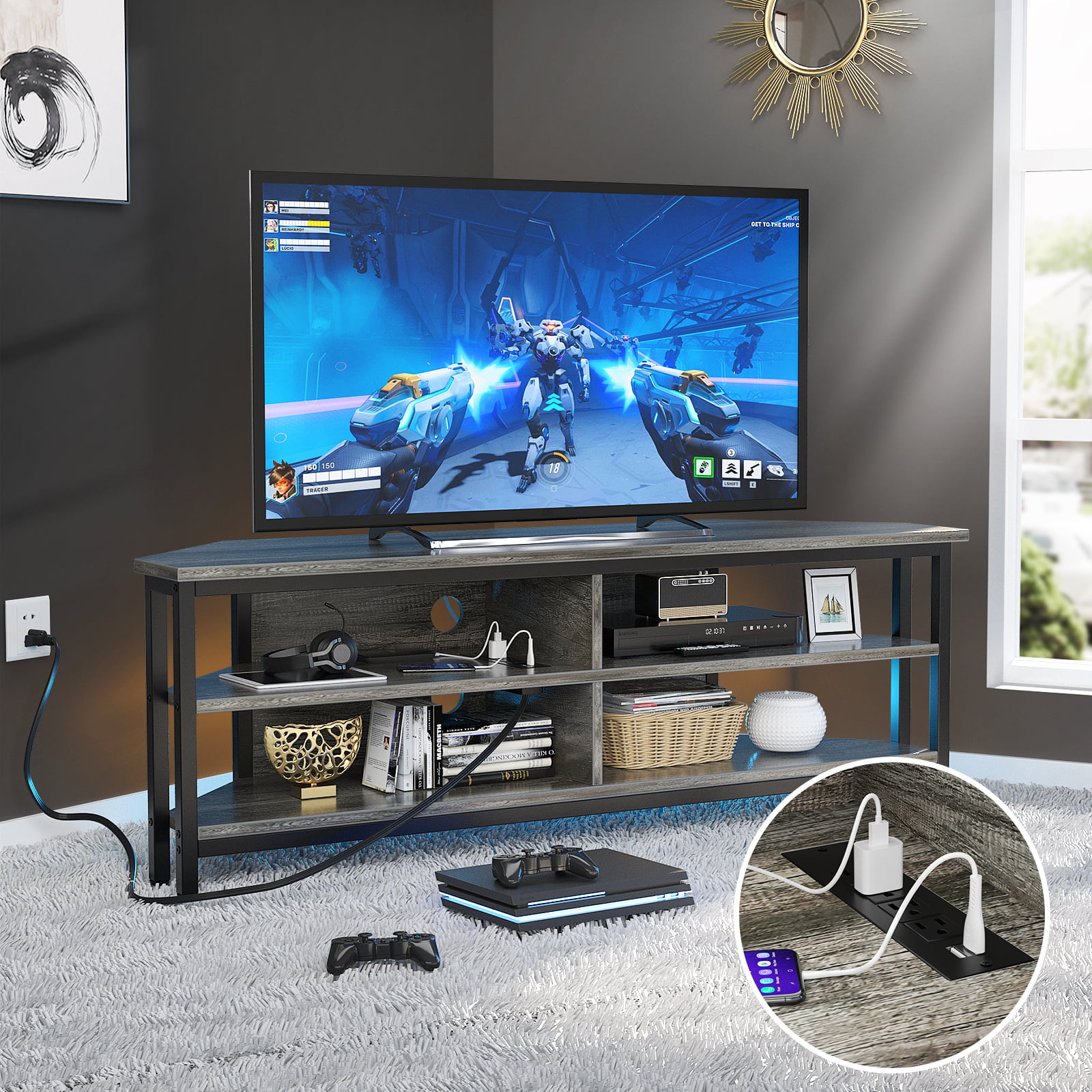 SANYOAC Black Stand for 55/60/65/70/75+ Inch Led TV, Modern Entertainment  Center with Storage and Shelves for Video Gaming, Living Room Bedroom