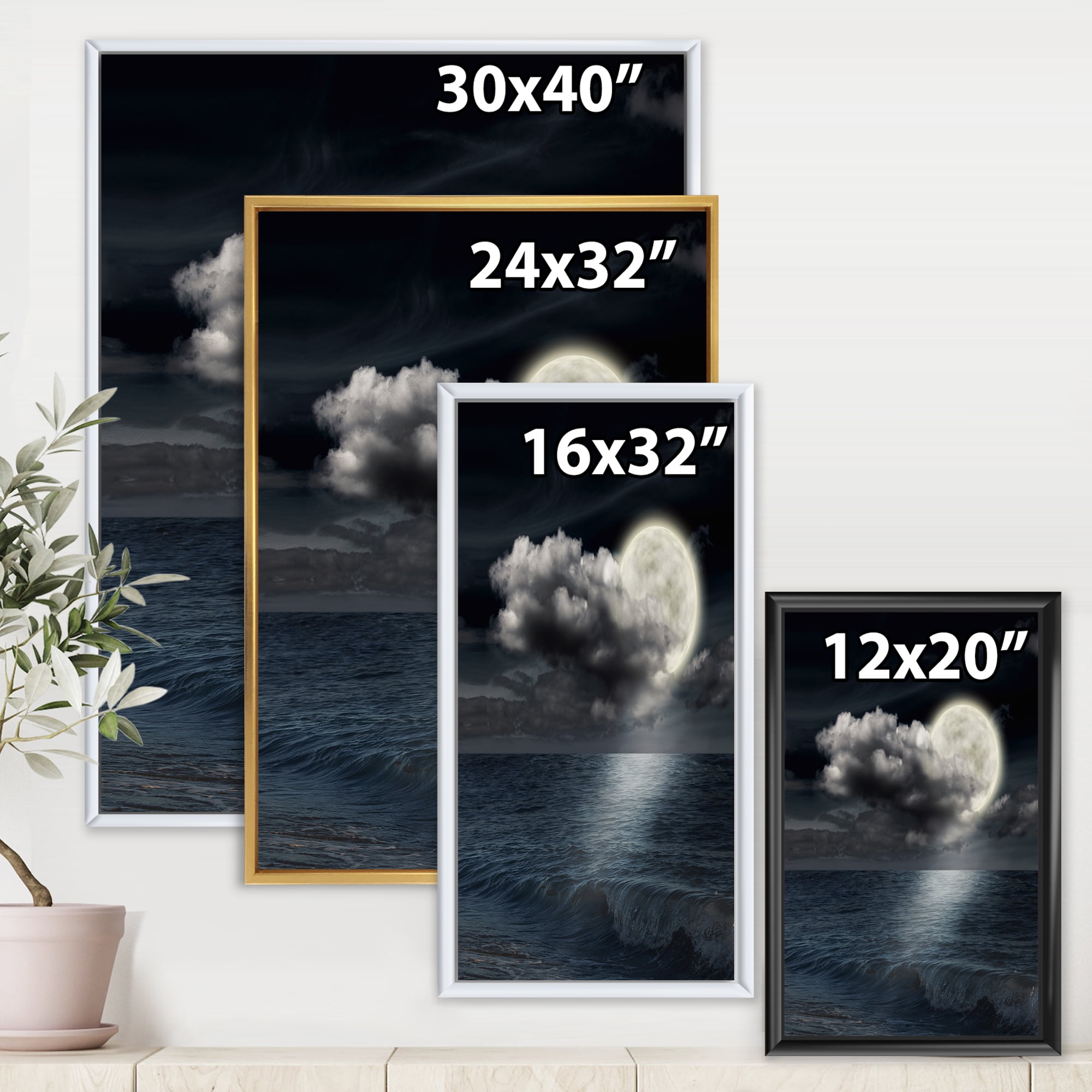 Designart 'Full Moon Night in Cloudy Sky VI' Nautical & Coastal Framed Canvas Wall Art Print