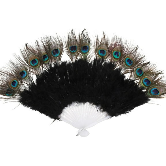 Black Peacock Feather Fan, Vintage 1920s Flapper Accessory, Elegant Feather Fan, White Fan Ribs, 21 Pieces One-Sided, Roaring 20s Vintage Style Fan for Themed Parties