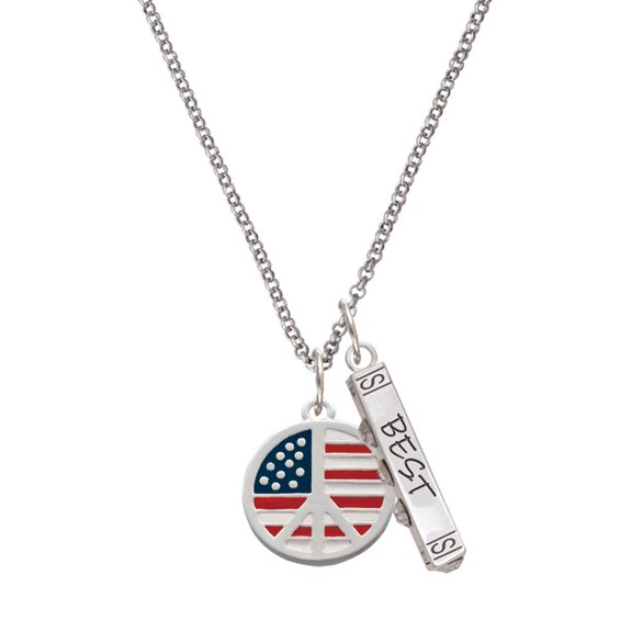 Delight Jewelry Silvertone Large Peace Sign with USA Flag Silvertone Best Friends Forever Bar Charm Necklace, 23"