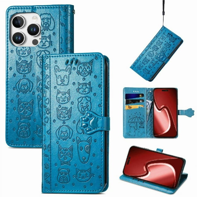 Funda Cartera FOXDOCK para iPhone 16 Pro Max , Flip PU con Relieve de Gatos y Perros, Tarjetero y Soporte