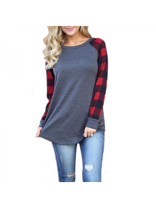 Women O-Neck Long Sleeve Patchwork Plaid Sweatshirt Pullover Tops Blouse Shirt