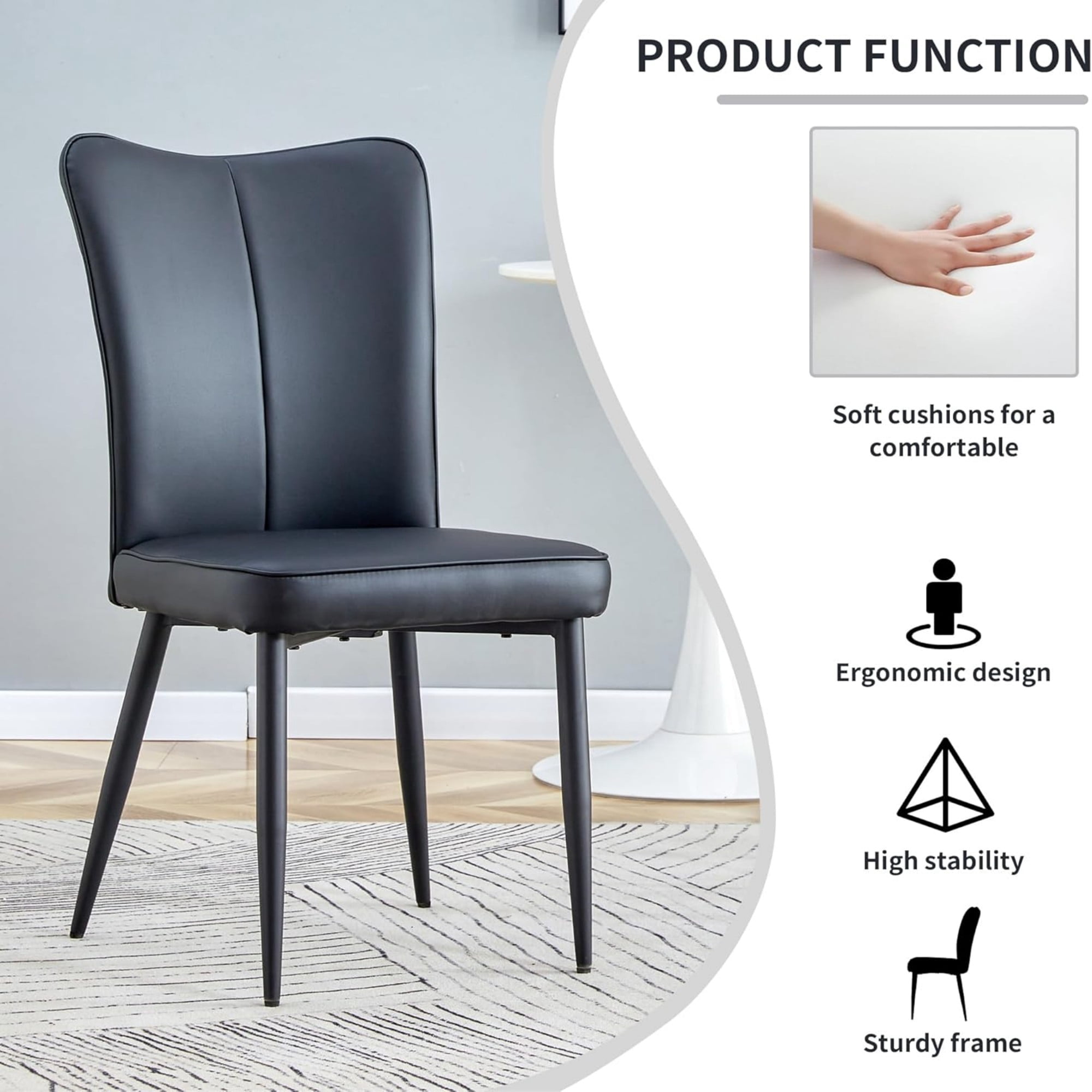 SUDICA Dining Chairs Set of 6, Black Faux Leather Upholstered Side Chairs with Black Metal Legs for Dining Room and Kitchen