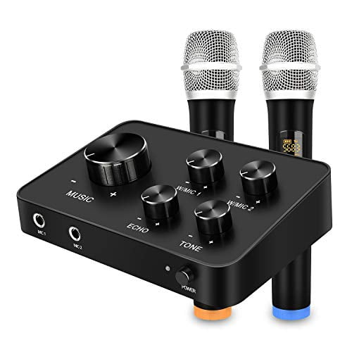 Portable Karaoke Microphone Mixer System Set, with Dual UHF Wireless Mic, HDMI & AUX for Karaoke, Home Theater, Amplifier, Speaker -
