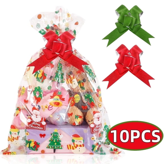 Christmas Cellophane Gift Bags Large Clear Gift Bag with Bow for Christmas Baskets Xmas Gifts Wrapping Holiday Party Supplies,  24x30 inch, 10pcs