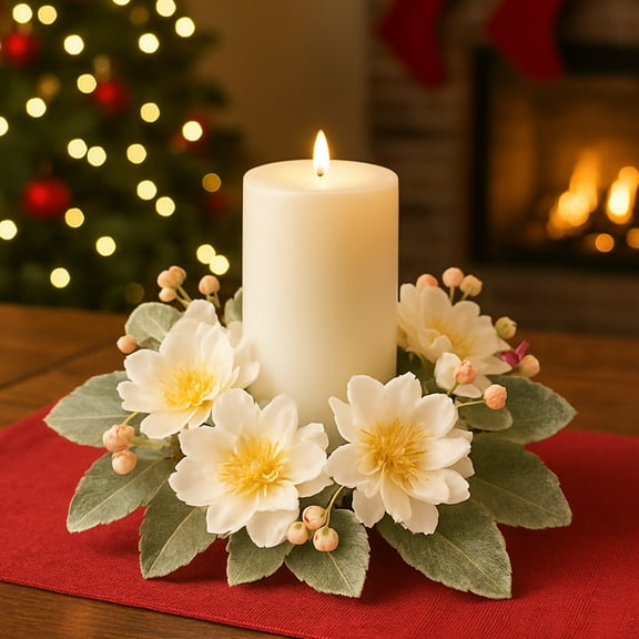 Peony Garland Christmas Candle Rings Wreaths Artificial Flowers with Leaves Table Pillar Centerpiece Decorations Table Decoration (B)