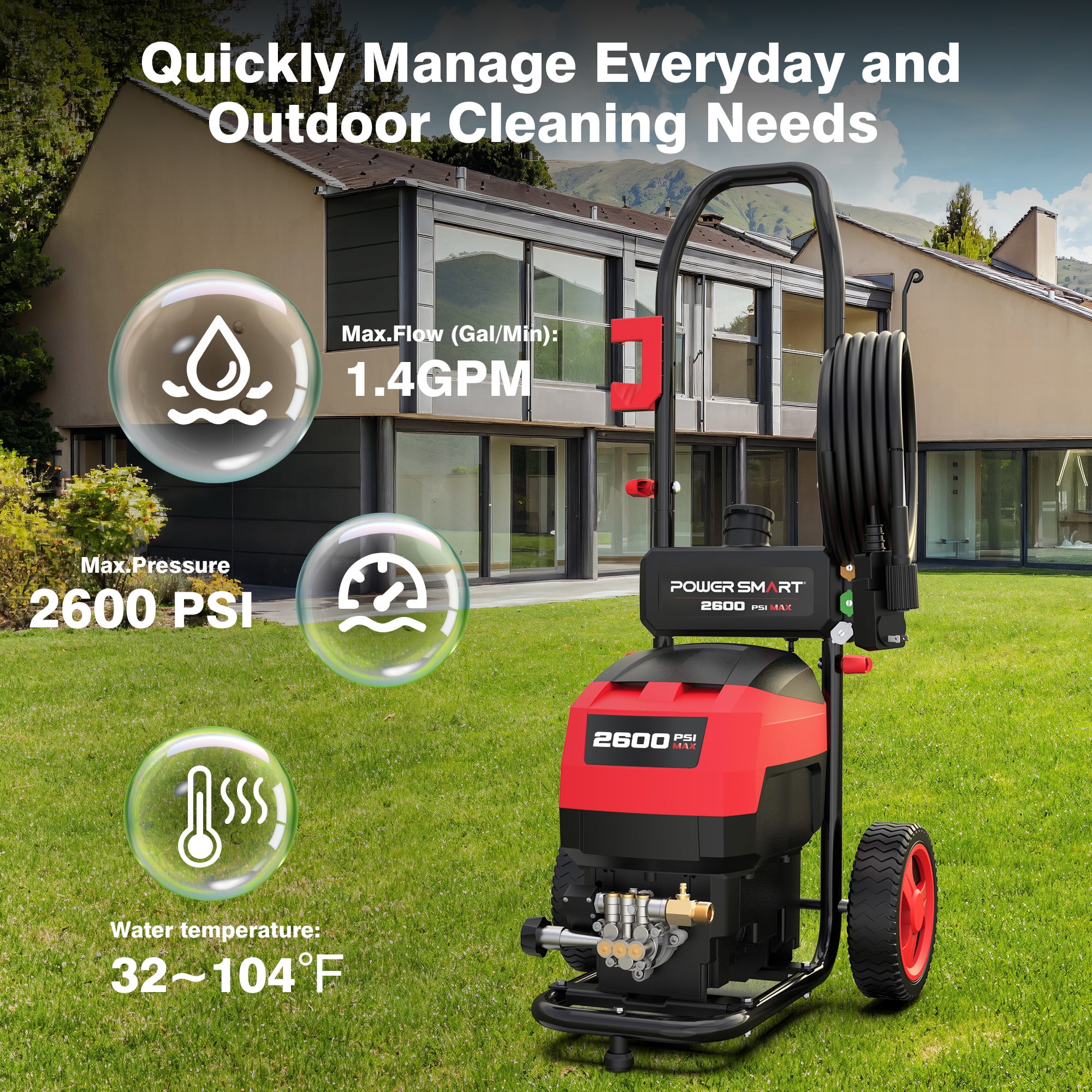 PowerSmart 2600PSI Max at 1.4 GPM AC120V 13 Amps Electric Light Portable Power Pressure Washer