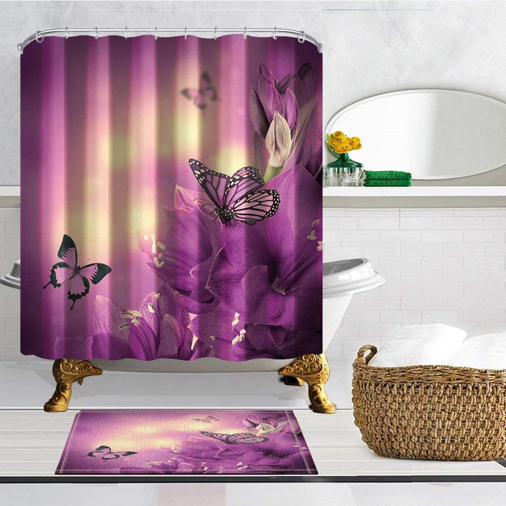 ARTJIA The butterfly in the purple flowers Shower Curtain 66x72 inches