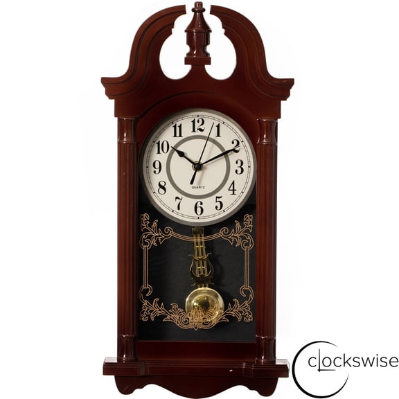Clockswise 20" Plastic Grandfather Clock Realistic Wood-Grain Finish with Swinging Pendulum and Chiming Sound Battery-Operated Decorative Wall Accent for Home Office Living Room