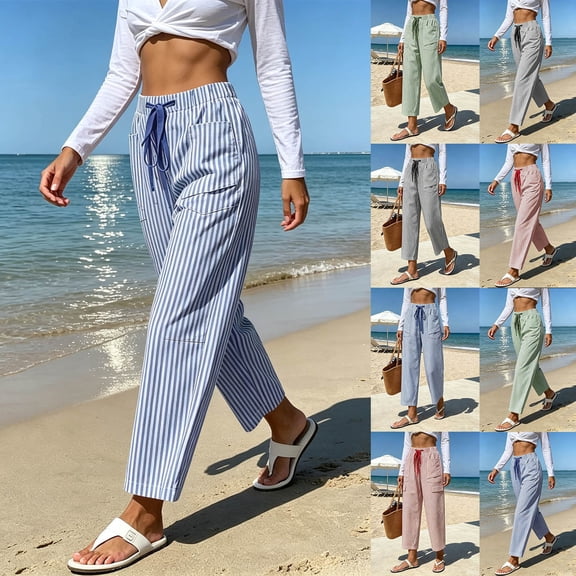 Tqcoqu Womens Summer Faux Linen Striped Barrel Pants,Comfy Drawstring Pant with Pockets,Beach Vacation Lounge Trousers