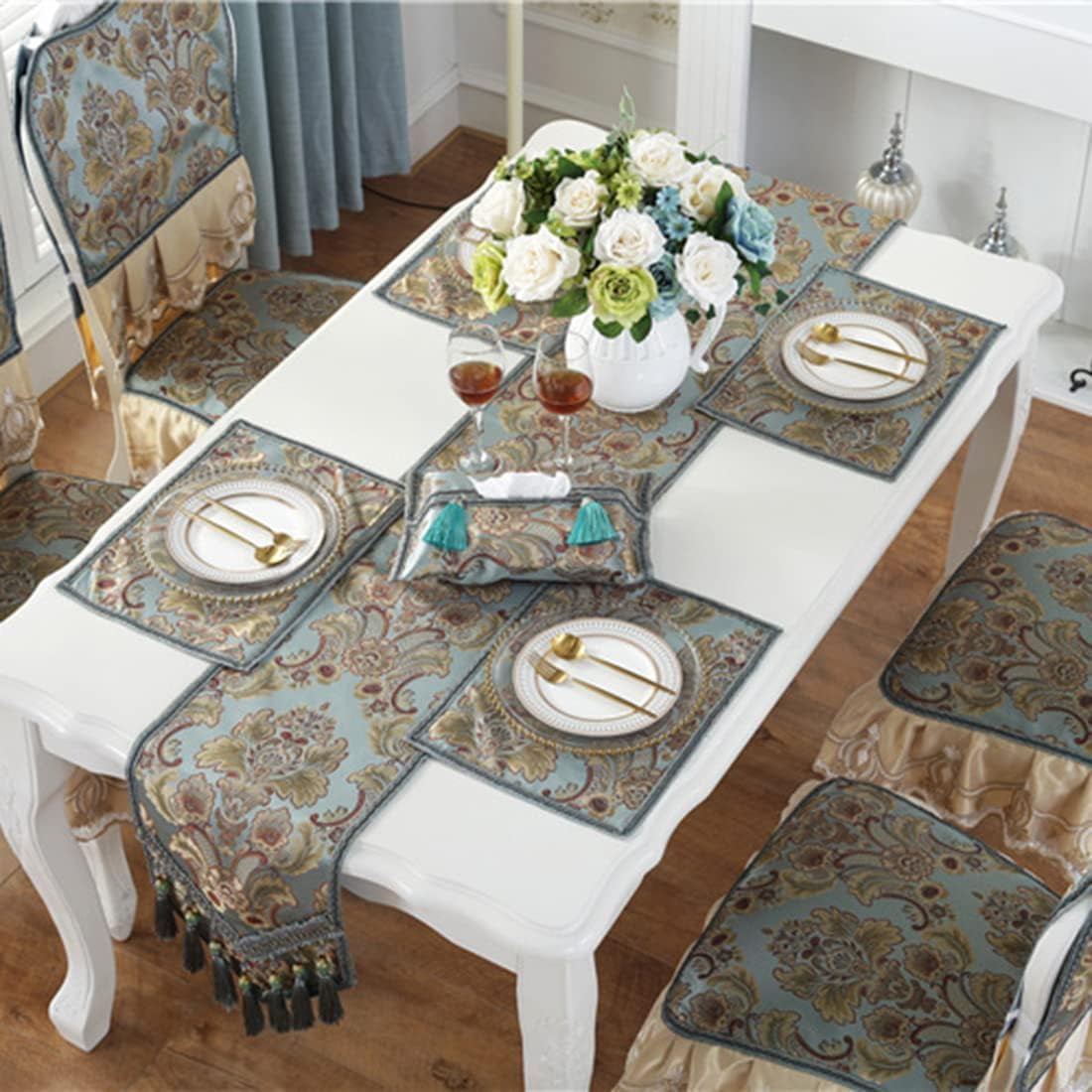 CHUNTIAN French Country Luxury Floral Pattern Table Runner with Beads Tassels Kitchen Decor Silk Blend Tea Table Table Runners (Beige,13" W x 89" L)