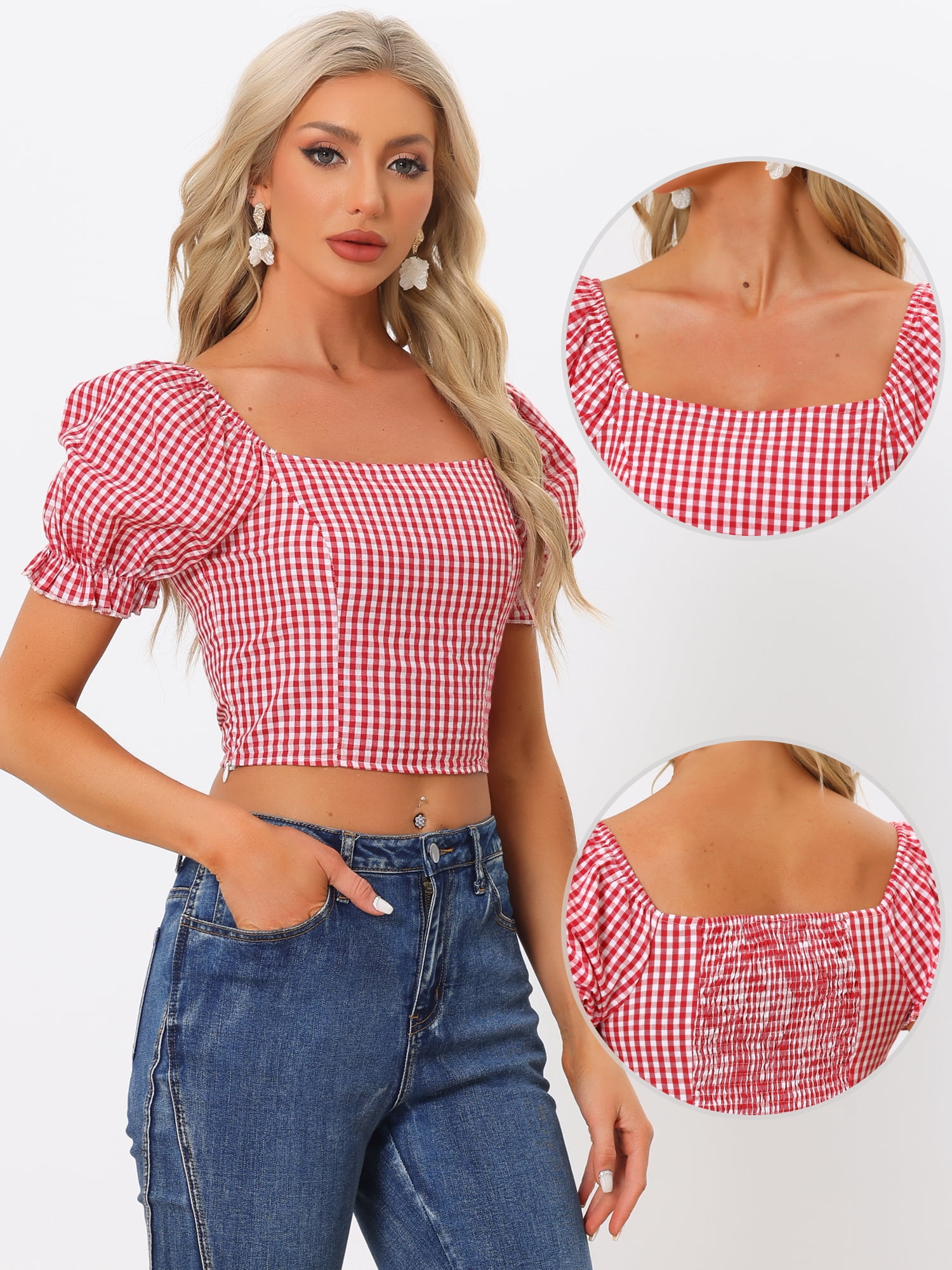 DARING DIVA Women's Smocked Crop Gingham Blouse Top XL Red