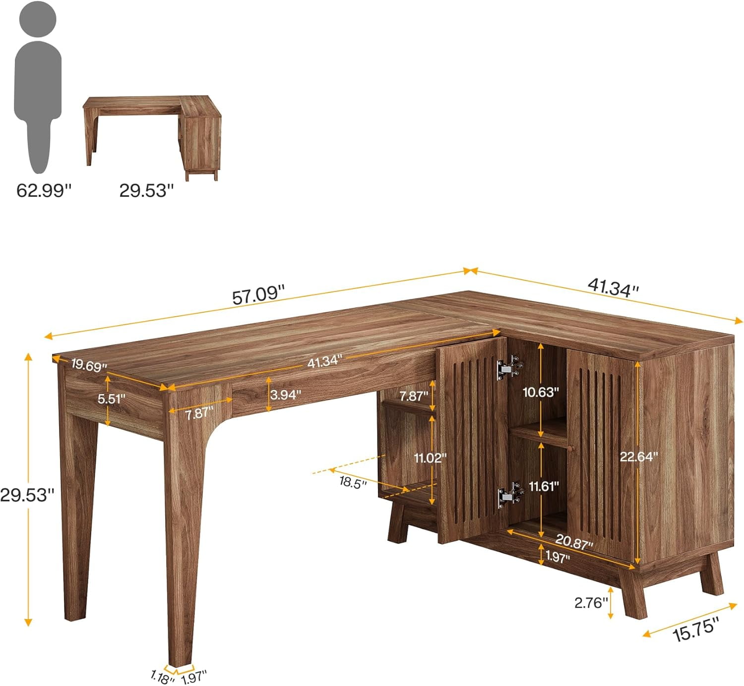 Tribesigns 57-Inch Wood L-Shaped Corner Computer Desk, Study Writing Table with Storage Shelves, Workstation with Cabinet for Home Office, Walnut