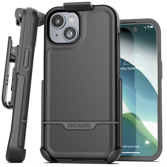 Encased Rebel Designed for iPhone 15 Plus Belt Clip Case, Protective Shockproof Phone Case with Holster (Black)