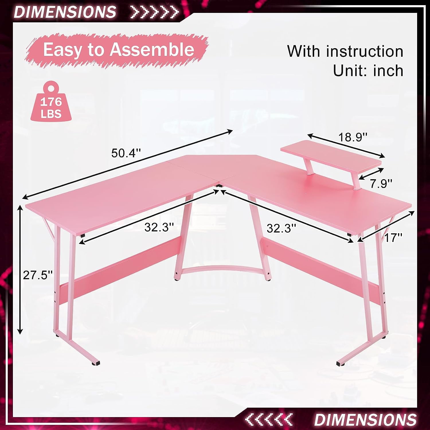 Dkelincs L Shaped Gaming Desk 50.4 inch Corner Computer Desk Table with Removable Shelf for home Office, Pink