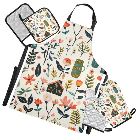 5 Pcs Kitchen Set Heat Resistant Oven Mitts and Non-Slip Pot Holders with Adjustable Cooking Apron Flower House Leaves