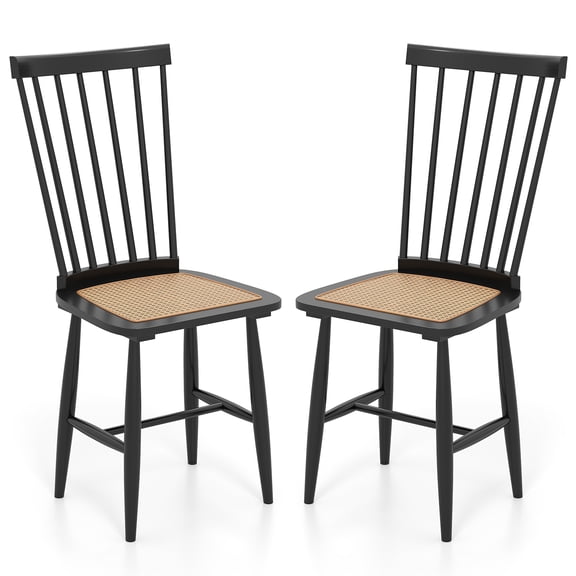 Giantex 2 Pieces Dining Chairs Set with Solid Rubber Wood Frame w/PE Rattan Seats, Mid-Century Spindle Back Chairs