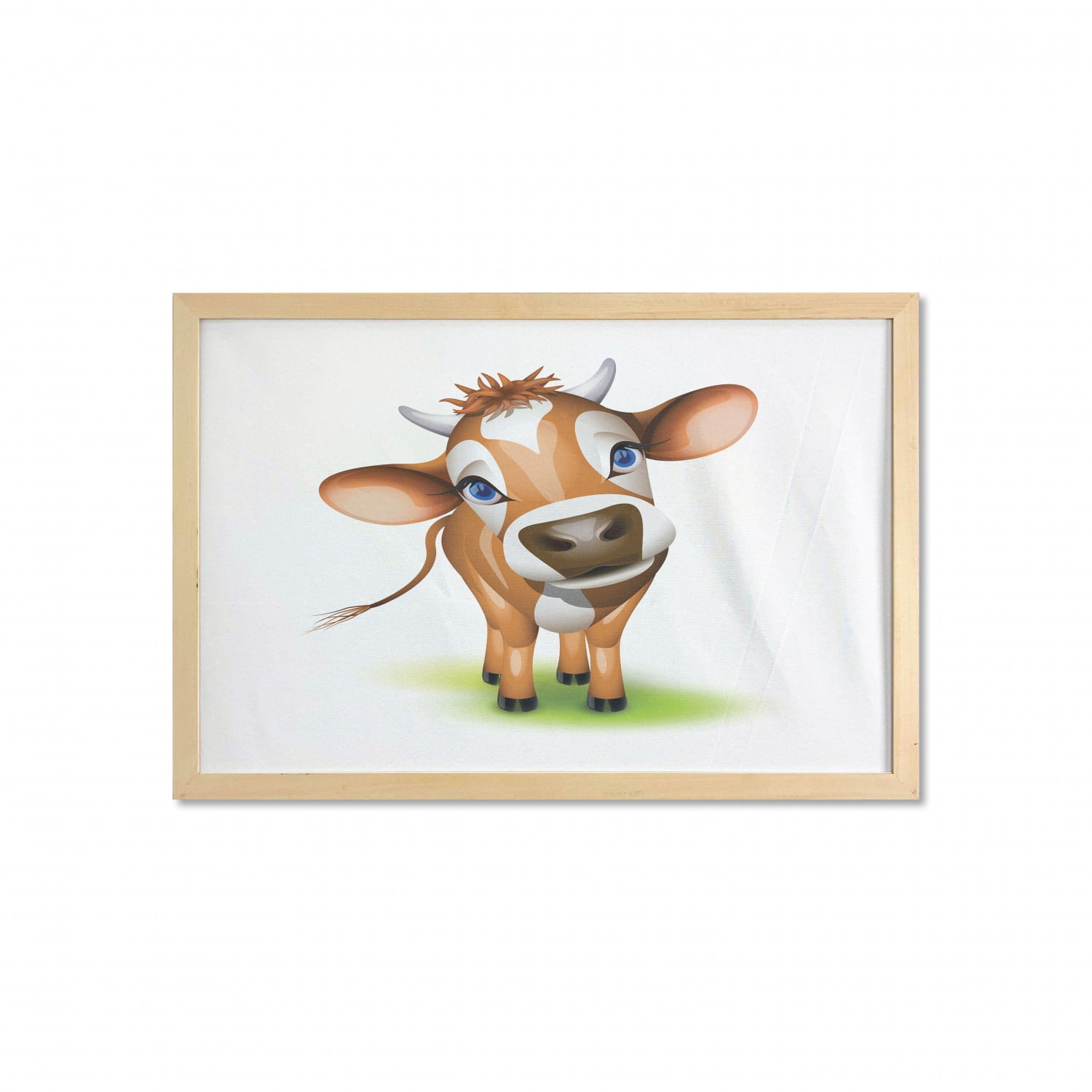 Cartoon Wall Art with Frame, Digitally Composed Cow with Captivating Eyes  Livestock Theme, Printed Fabric Poster for Bathroom Living Room Dorms, 35