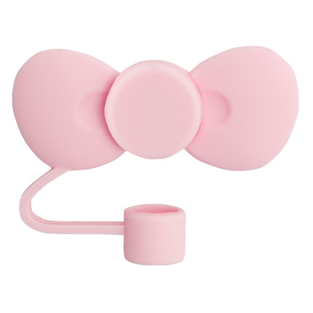tapa de paja genérica, forma de lazo, tapa de 10 mm, accesorios para vasos de agua, color rosa Tapa antipolvo de silicona rosa con forma de lazo en vista frontal, cubierta circular central y dos alas laterales; tapón para pajilla de 10 mm unido por lengüeta flexible, reutilizable y compacta, ideal para termos y uso al aire libre.