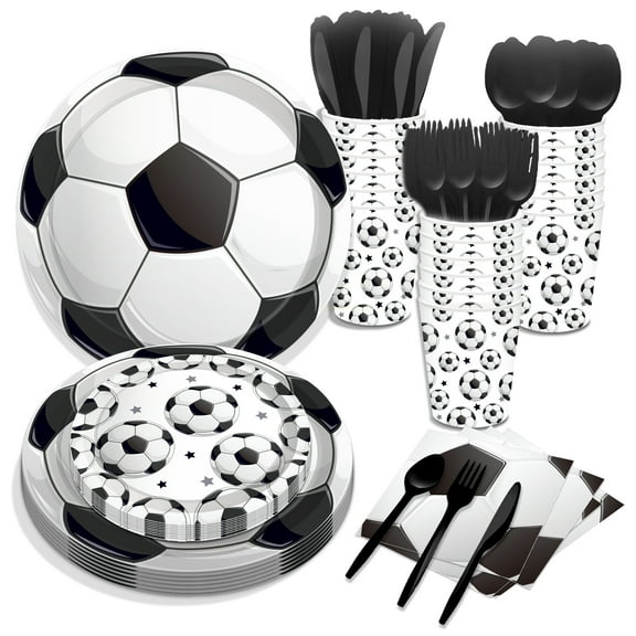 CC HOME Soccer Theme Birthday Party Tableware Set Serves 16 Disposable Paper Plates, Napkins, Cups, Forks, Soccer Theme Birthday Party Supplies for Boys