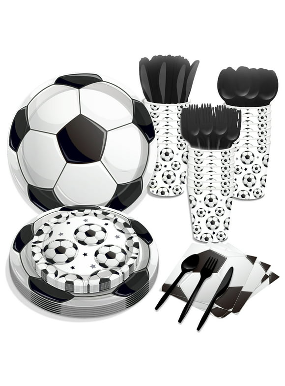 CC HOME Soccer Theme Birthday Party Tableware Set Serves 16 Disposable Paper Plates, Napkins, Cups, Forks, Soccer Theme Birthday Party Supplies for Boys