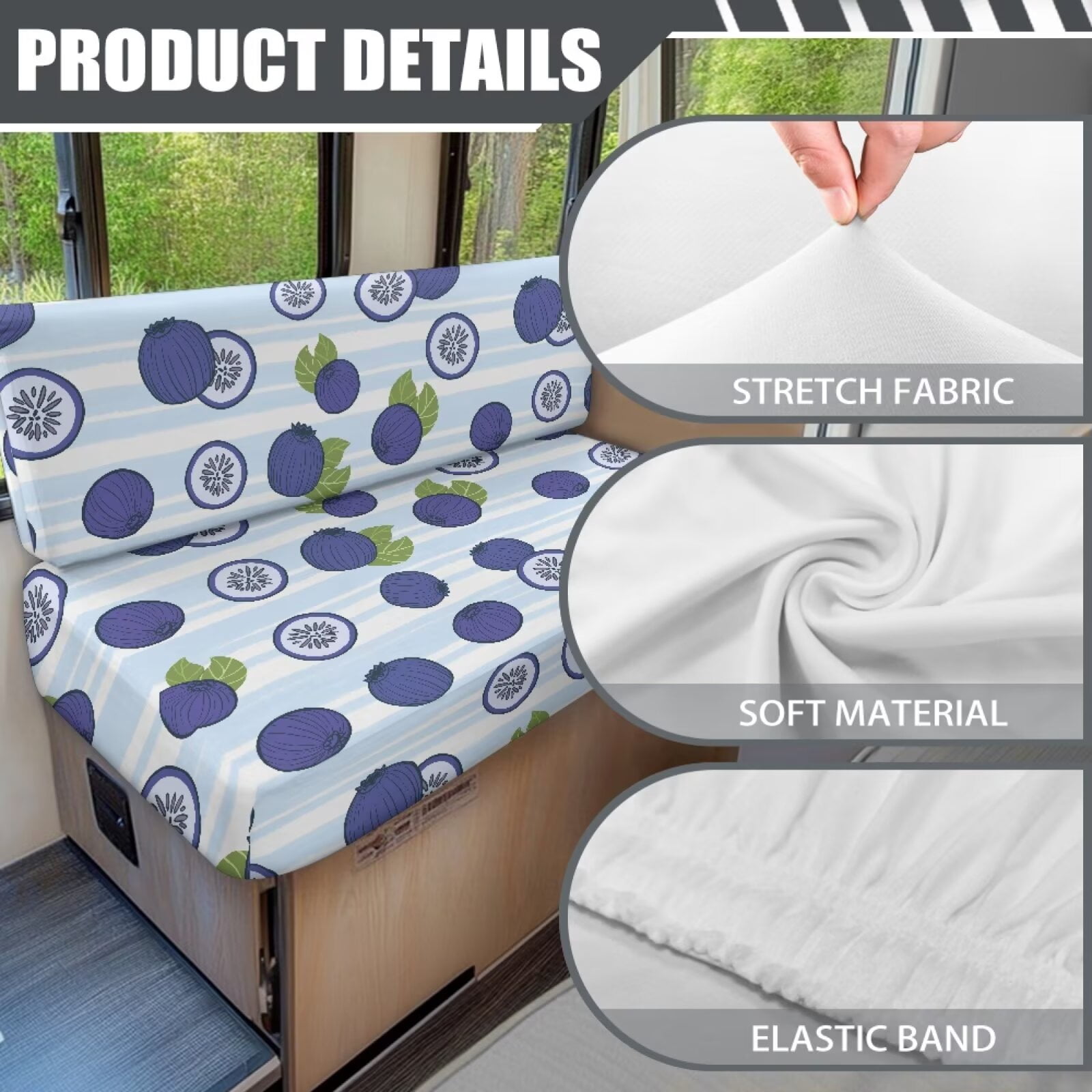 Psesaysky Blueberry RV Couch Covers Stretchable Camper Sofa Slipcover Washable Cushion Covers for Dinette Booth Seats 2 Bench Covers + 2 Backrest Covers