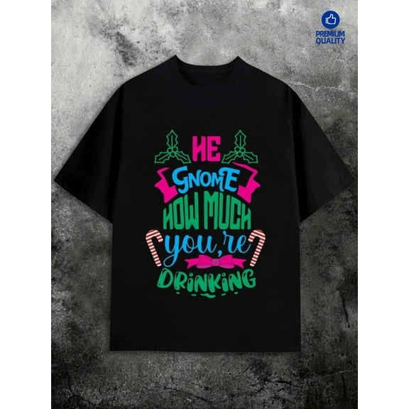 Christmas Gnome Drinking Christmas t shirt t-shirts men's 180G 100% Cotton black Regular fit, everyday comfort, relaxed and urban style For summer Casual Daily Wear Spring and summer clothing humor