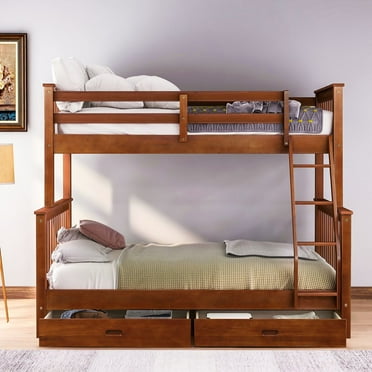 Modern Twin-Over-Full Bunk Bed with Ladders and Full-length Guardrail, Solid Wood Bunk Bed Frame with 2 Storage Drawers for Kids, Girls, Boys, Toddler, No Box Spring Needed, Walnut