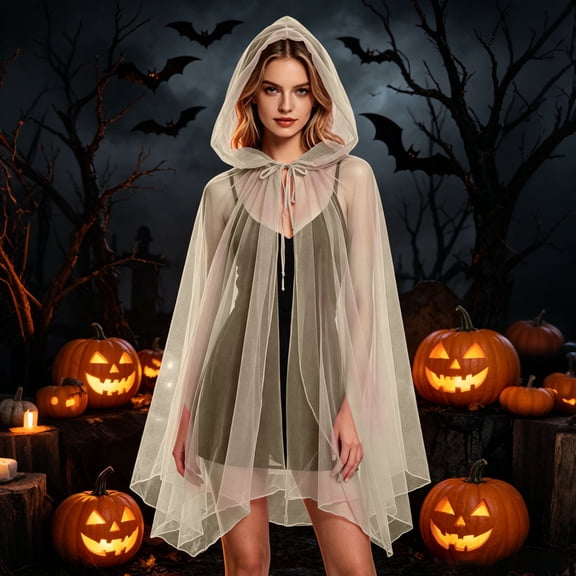 LEKWK Sheer Cloak with Hood Women Tulle Lightweight Fairy Cloak Elegant Princess Elf Capelet Mesh Medieval Renaissance Halloween Cosplay Costume