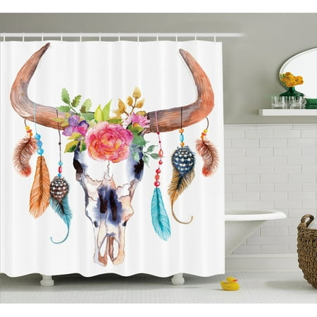 Native Americans Feathers - Watercolor Shower Curtain, Bull Skull with Hanging Flower Feathers Ethnic Inspired Native American Design, Fabric Bathroom Set with Hooks, Multicolor, by Ambesonne