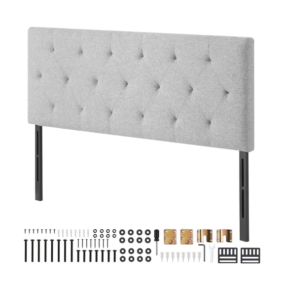 Full Size Headboard, Adjustable Height Diamond Tufted - 56.3"W x 35.6-47.4"H, Light Grey, Bedroom Decor