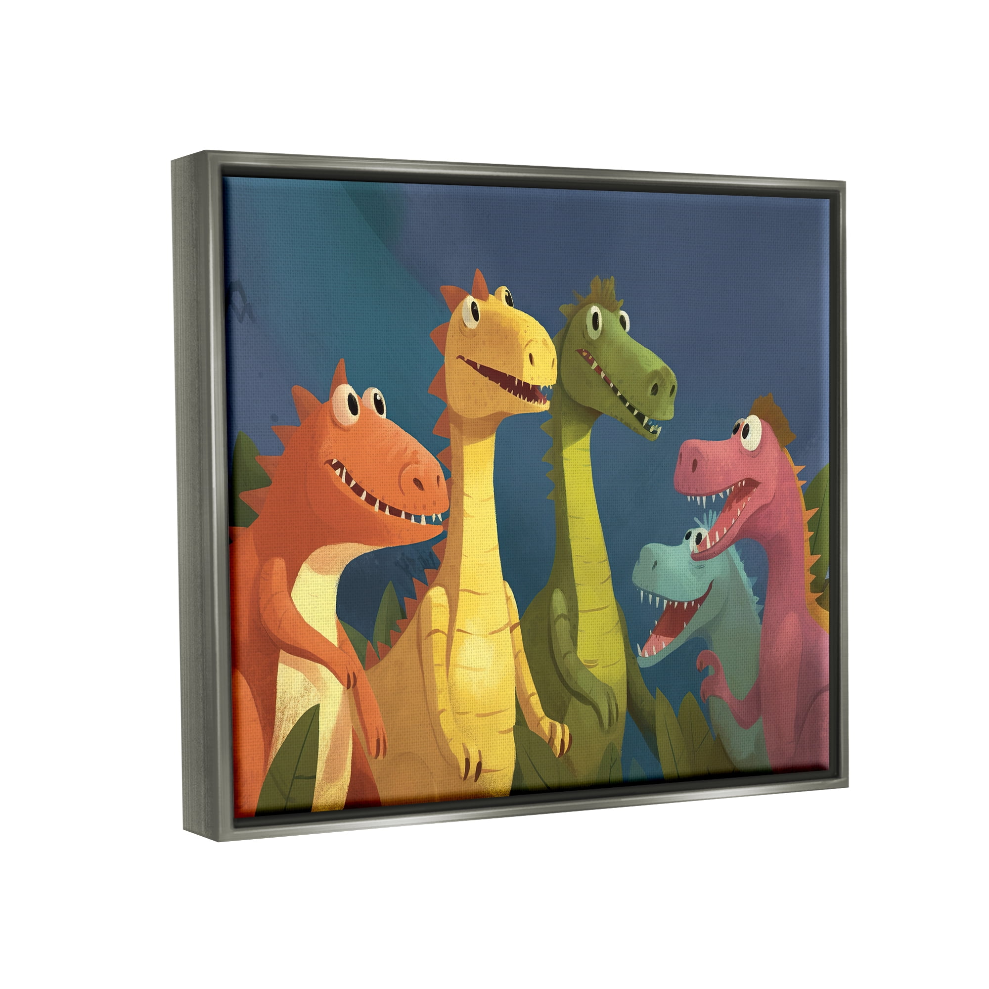 Stupell Industries Happy Dinosaur Friends Animals & Insects Painting Gray Floater Framed Art Print Wall Art, 21 x 17