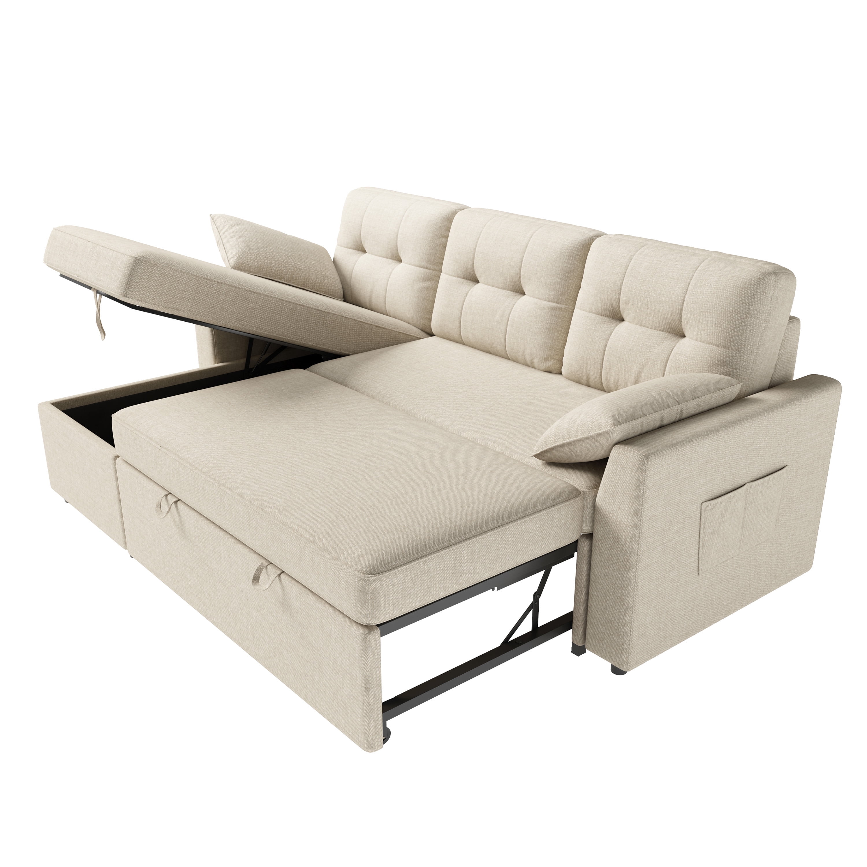 MERLUXY Sofa Bed, Reversible Pull Out Couch with Storage Chaise for living Room, 3 Seater, Beige
