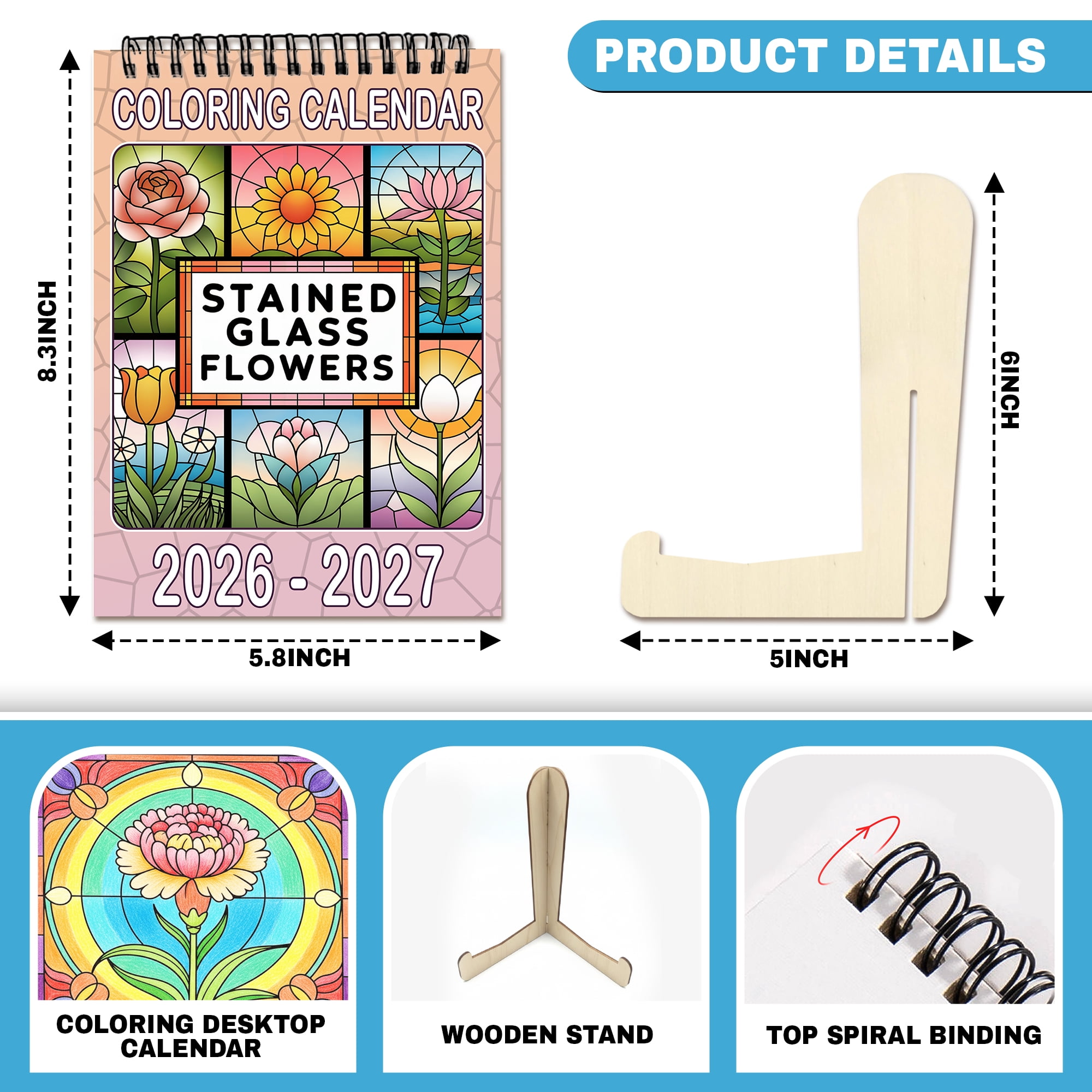 Stained Glass Flowers Coloring Desk Calendar 2026–2027, A5 Wooden Cover Planner with 26 Easy Coloring Pages for Adult Relaxation, 24 Month Desktop Calendar with Stand, Gift for Family & Friends