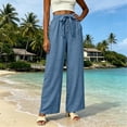 thumbnail image 6 of Women's Cotton Linen Wide Leg Pants, High Waist Tie Front Button Decor Textured Trousers with Pockets All-Day Comfort for Work, Office, Travel, Daily | TruBelle,Sky Blue L, 6 of 9
