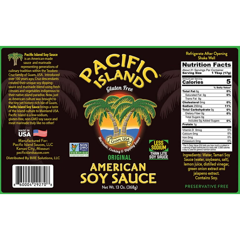 Pacific Island Sauces Soy Sauce, American, Fat-Free, Gluten-Free, No  Sugars, Certified Non-GMO, No Carbs, MSG-Free, No Corn Syrup, No  Preservatives